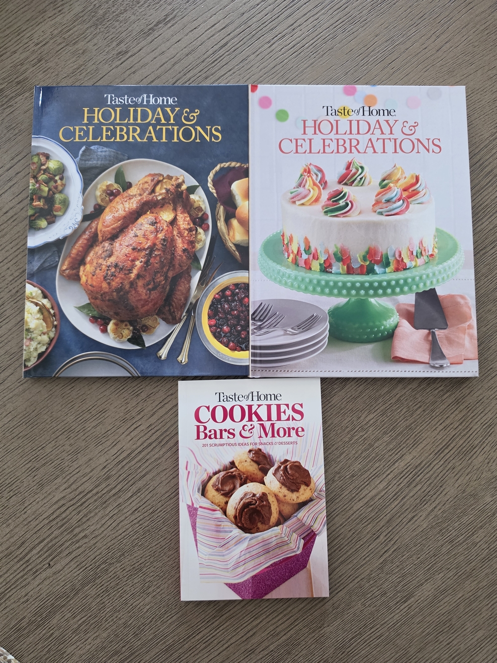 Taste of Home Holiday & Celebrations Cookbook Trio - Blue, White, Pink Covers